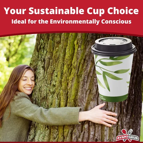 Vista 4 de Avant Grub Paquete de 100 tazas de café de papel de grado restaurante de 12 onzas con tapas de cúpula reciclables. Vasos desechables duraderos sin