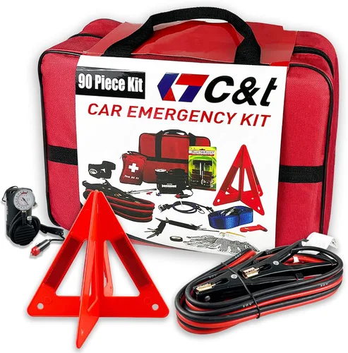 C&T Kit de emergencia para automóvil de 90 piezas, kit de emergencia en carretera y primeros auxilios con compresor de aire, cuerda de remolque, kit
