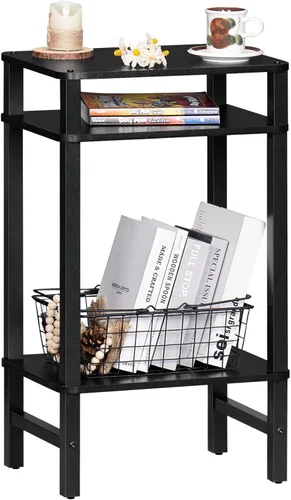 Vista 17 de YUFAM Mesa auxiliar alta de noche de 2 niveles para sala de estar, dormitorio, baño, muebles de oficina, color negro