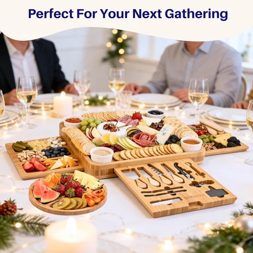 Vista 8 de Juego de tablas de charcutería – Tabla grande de queso de bambú y plato con accesorios de charcutería, regalos de inauguración de la casa