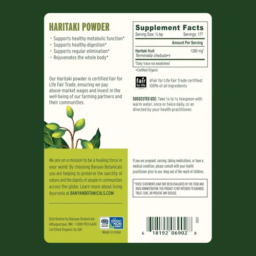Vista 4 de Polvo Haritaki orgánico USDA, terminalia chebula, desintoxicación y rejuvenecimiento, de la marca Banyan Botanicals, Organic Haritaki 1/2 Lb, 1