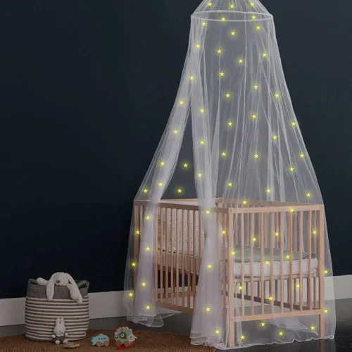 Vista 3 de Dosel para cama de niñas con estrellas pre-pegadas que brillan en la oscuridad - Red mosquitera de princesa decoración de habitación - Tienda