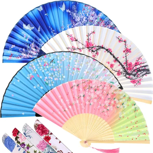 Vista 8 de Zonon Paquete de 4 abanicos plegables florales de mano, abanicos de bambú de seda con borla para mujer, ventilador plegable de mano ahuecado