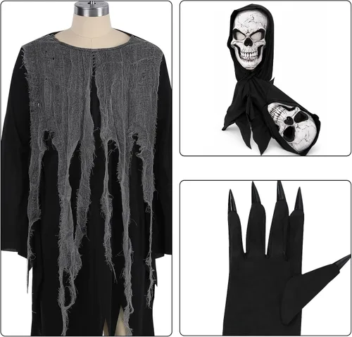 Vista 3 de Disfraz de la parca para niños, disfraz de Halloween con capucha negra con 2 máscaras de calavera y guantes Parca negra