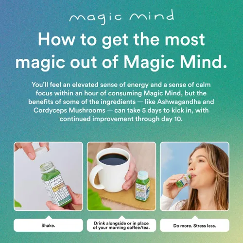 Vista 7 de Magic Mind Focus Energy Drink Shots - Sin nerviosismo, alivio del estrés, Ashwagandha, hongos funcionales, té verde matcha, vitamina B12, vitamina