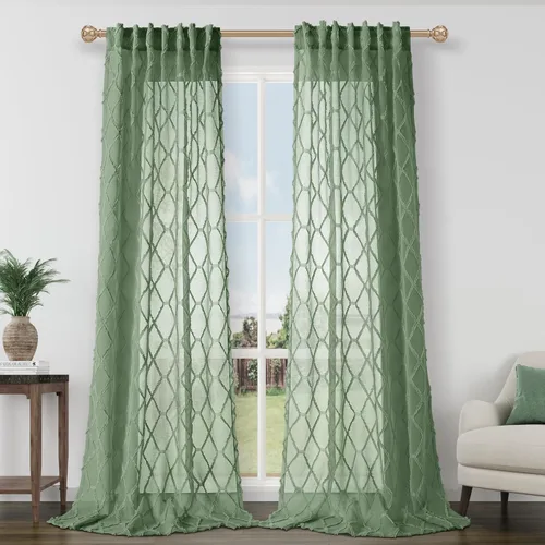 Vista 33 de Cortinas transparentes verde agua de 84 pulgadas de largo, 2 paneles con pompones y textura, cortinas de gasa con patrón bordado geométrico