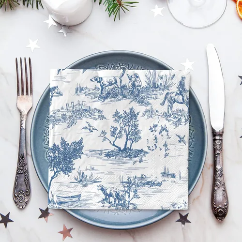 Vista 6 de AnyDesign 80 servilletas de papel azul y blanco clásicas con estampado de pueblo francés, servilletas desechables rústicas decorativas para cena