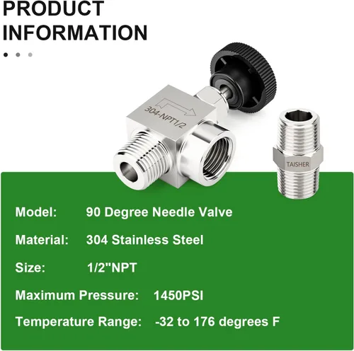 Vista 4 de TAISHER 1 pieza Válvula de aguja de 90 grados de acero inoxidable 304 1/2" NPT macho x 1/2" NPT hembra para control de flujo de agua, gas y aceite