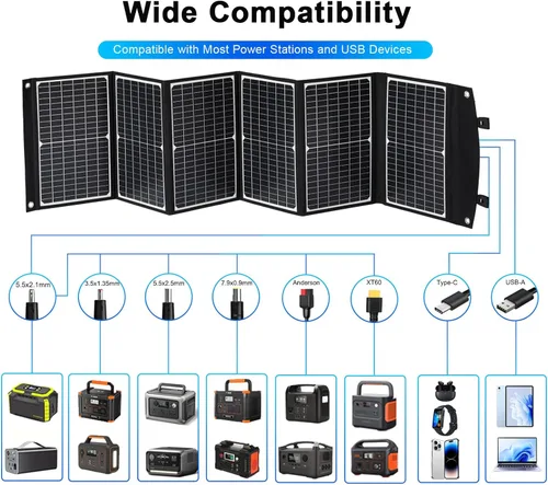 Vista 4 de Panel solar portátil de 100 vatios, panel solar plegable con patas de apoyo, QC3.0 USB-A USB-C y salida DC para teléfono/estación de energía, IP65