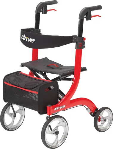 Drive Medical - Andador de aluminio Nitro de estilo europeo, con 4 ruedas y asiento, color rojo, RTL10266