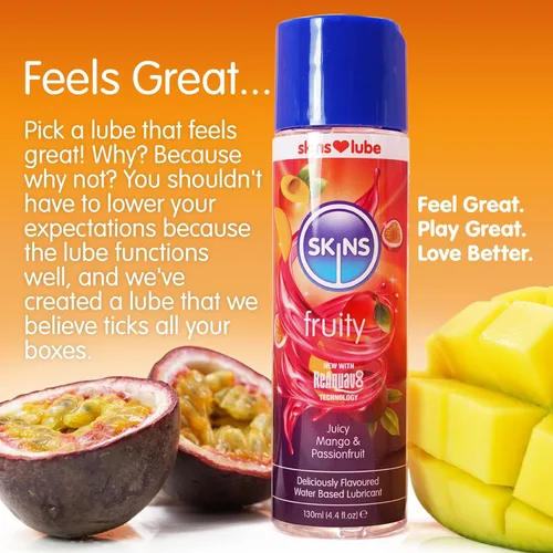 Vista 3 de SKINS Lubricante con sabor a mango y maracuyá con tecnología ReAquav8 – Lubricante a base de agua con sabor a mango y maracuyá – 4 onzas