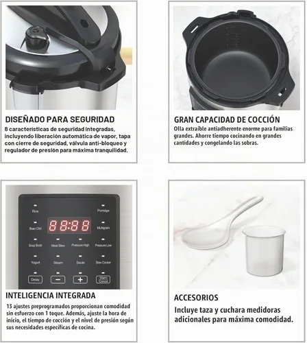 Vista 3 de EMB Ironblade - Olla a presión programable 7 en 1, 6 litros, acero inoxidable de 1000 W, olla de cocción lenta, arrocera, vaporera, sartén