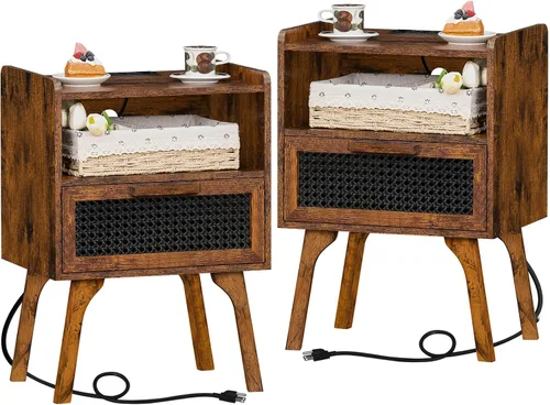 Vista 10 de Lerliuo Rattan Nightstand with Charging Station, Boho Night Stand Natural