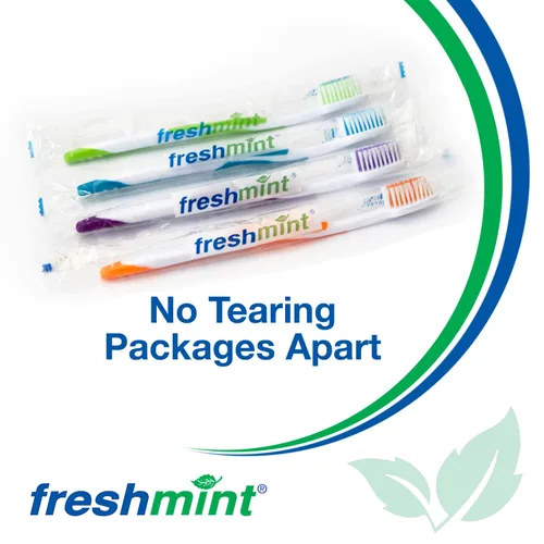 Vista 3 de FRESHMINT Cepillos de dientes de alta calidad envueltos individualmente (paquete de 100), mango de fácil agarre de gran tamaño, cerdas de nailon
