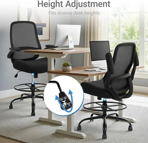 Vista 3 de HYLONE Silla de dibujo alta de oficina con reposabrazos abatibles y ajustables, silla ergonómica para computadora con reposapiés ajustable, anillo
