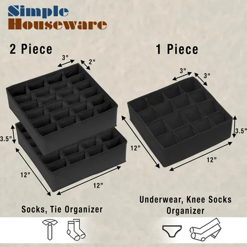 Vista 2 de Simple Houseware Organizador de Cajón de Calcetines para Cómoda/Armario/Dormitorio, Paquete de 3, Negro