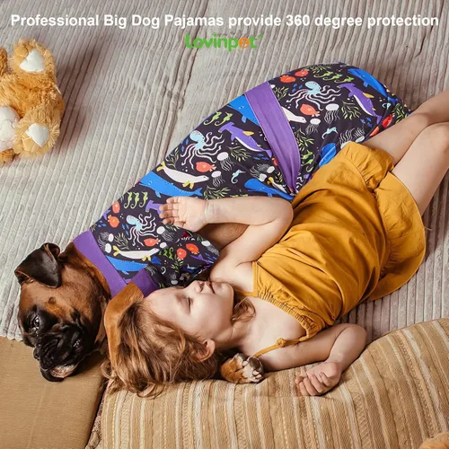 Vista 7 de LovinPet Pijama grande para perros grandes, mameluco posoperatorio para razas de perros grandes, rayas reflectantes, tejido elástico ligero