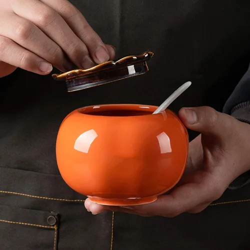 Vista 3 de Azucarero de cerámica con tapa y cuchara hecho a mano con forma de caqui en forma de azúcar, tarro de condimentos, contenedor de especias