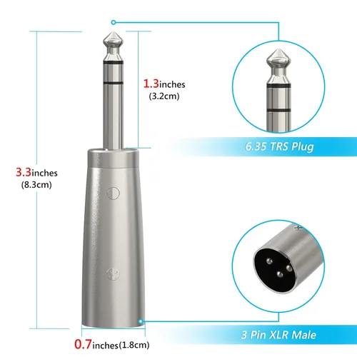 Vista 3 de GEEKRIA Adaptador de cable de micrófono TRS macho para Creators XLR macho a 1/4 de pulgada (0.250 in), compatible con Shure SM57, SM7B, MV7, PGA48