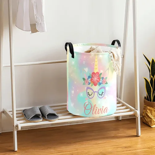 Vista 4 de Cesta de lavandería personalizada de unicornio, cesta de lavandería personalizada para bebés para niños y niñas, personalizada con nombre