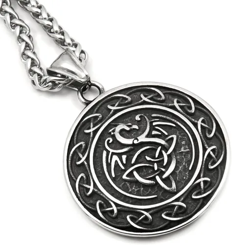 Vista 3 de Collar con colgante de triquetra de acero inoxidable, diseño de dragón con nudo celta