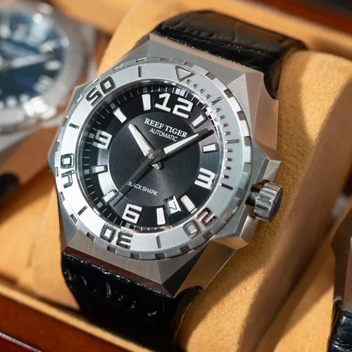 Vista 2 de REEF TIGER Hombres Relojes de buceo Reloj automático de acero Relojes Militares Correa de cuero RGA6903 RGA6903-YBB