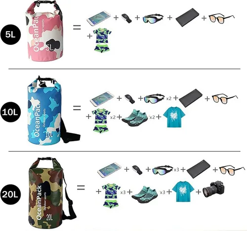 Vista 4 de Bolsa seca impermeable de 5L/10L/20L para hombres, material de PVC, diseño de camuflaje, correas de hombro simples/dobles para kayak, natación