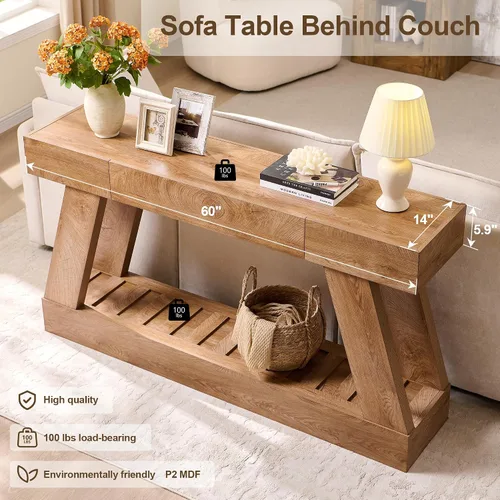 Vista 4 de Mesa de entrada de granja de 60 pulgadas con cajón, mesa de vestíbulo de madera con base resistente, mesa de sofá para sala de estar