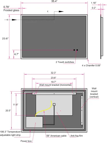 Vista 7 de 36" W x 24" H Modern Wall Mounted LED Backlit Anti-Fog Rectangular Bathroom Mirror with Temperature Adjustable and Memory Function Touch Switch