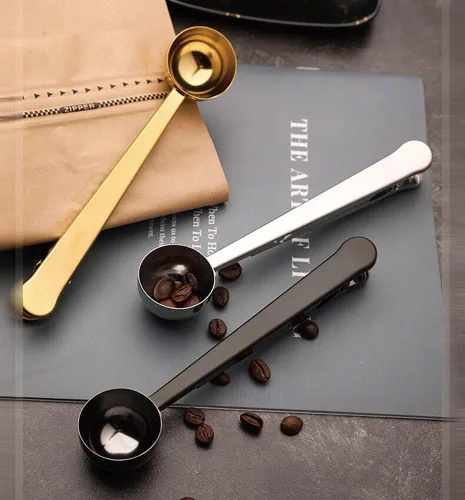 Vista 6 de Cuchara de café con clip de cucharada de acero inoxidable Cuchara de café con mango largo multifunción Bolsa de sellado Clip para té, café, proteína