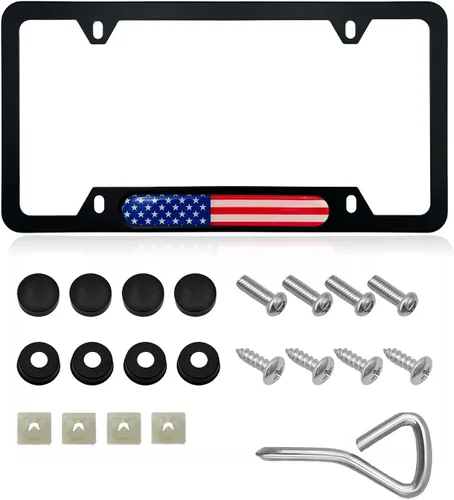 Vista 7 de Marco de Matrícula de Bandera, Cubierta de Placa de Auto de Acero Inoxidable Patriótica de Bandera Estadounidense, Soporte de Matrícula de Vehículo