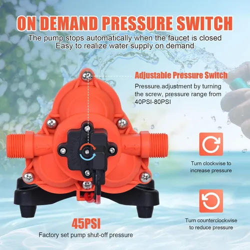 Vista 4 de Bomba de agua DC de 12 V RV 3.5GPM 45PSI, bomba de presión de agua de 12 voltios bajo demanda con interruptor de presión, bomba de diafragma