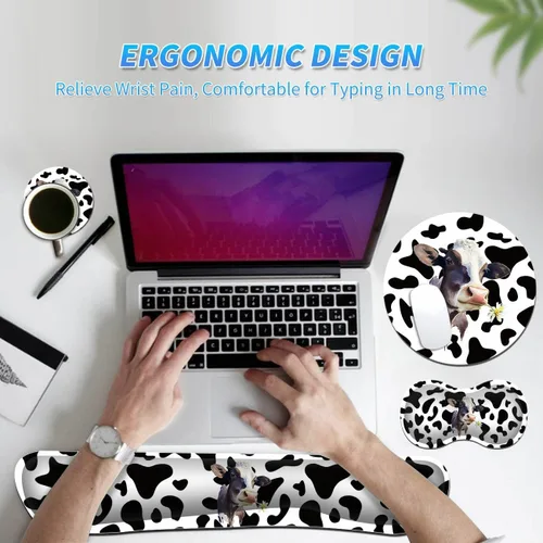 Vista 7 de Reposamuñecas para teclado, alfombrilla para mouse, reposamuñecas y posavasos, base de goma antideslizante con espuma viscoelástica ergonómica Vaca