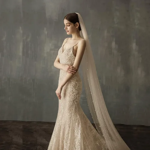 Vista 5 de AMBRE ADELE Cathedral Bridal Long Tulle Veil With Pearl, Wedding Veil for Brides