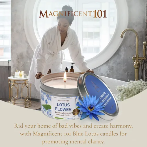 Vista 2 de MAGNIFICENT 101 Vela perfumada de flor de loto azul de larga duración, 6 onzas, 35 horas de combustión, sin parafina, vela de cera de soja