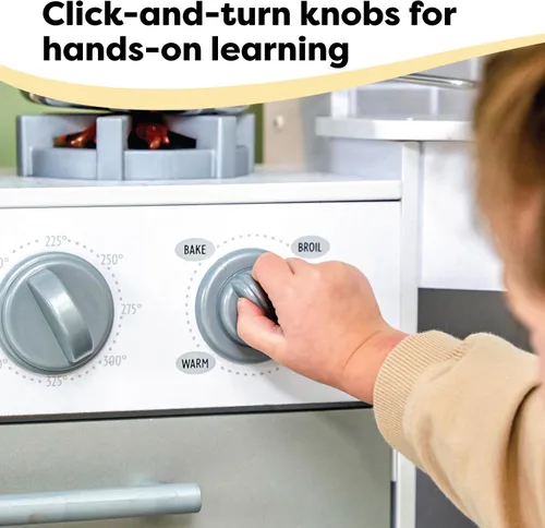 Vista 11 de KidKraft Ultimate Corner Wooden Play Kitchen with Lights & Sounds, Play Phone and Curtains, White