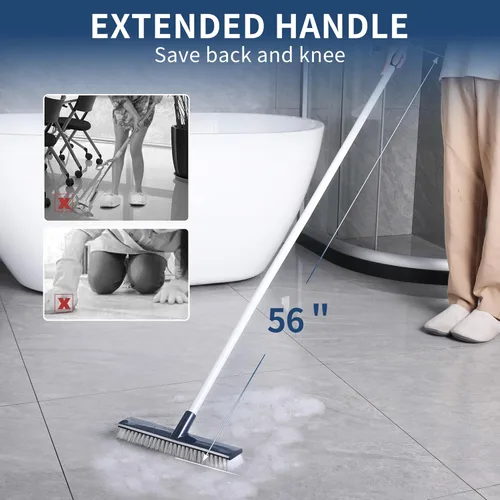 Vista 4 de BOOMJOY Cepillo de limpieza de suelo con mango largo de 57 pulgadas, cabeza de 12 pulgadas de ancho, raspador y cepillo 2 en 1, cerdas rígidas