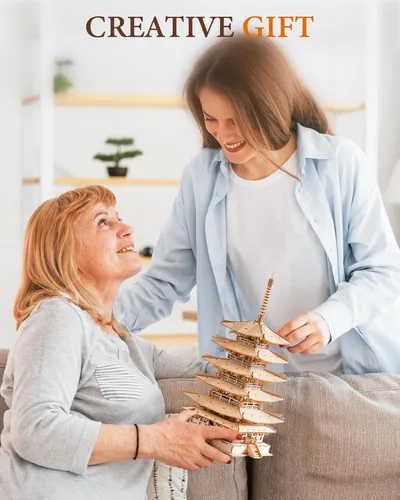 Vista 6 de Rolife - Kits de modelo de madera para adultos para construir rompecabezas 3D DIY Pagoda de cinco pisos, regalos únicos de cumpleaños para amigos