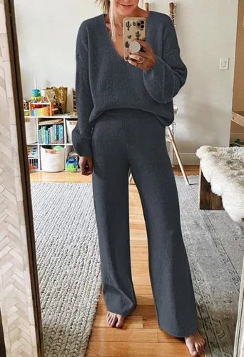 Vista 3 de Viottiset Conjunto deportivo de 2 piezas para mujer, estilo casual, cuello en V, tejido de pierna ancha, sudadera