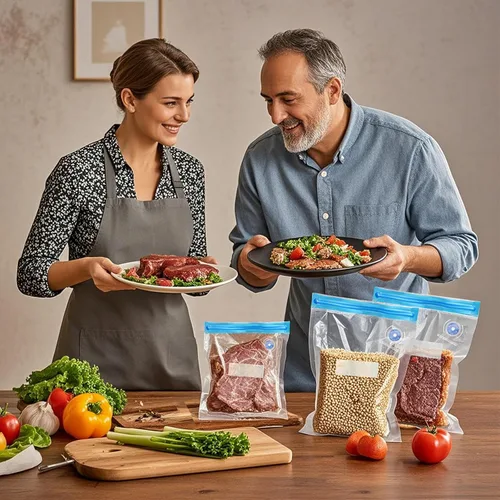 Vista 6 de Bolsas Sous Vide 28 piezas, sin BPA, reutilizables, con válvula de aire, almacenamiento de alimentos de doble capa para cocinar, almacenar alimentos