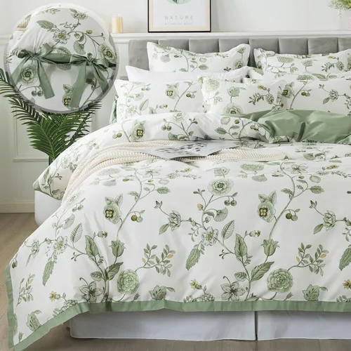 Vista 33 de FADFAY Juego de funda de edredón floral 100% algodón a rayas verdes y beige, ropa de cama de flores desgastadas con diseño de ramas botánicas