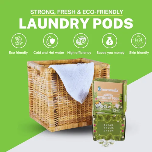 Vista 4 de Cápsulas de detergente para ropa, 32 unidades, aroma fresco, ecológico, biodegradable, compatible con HE, potente eliminación de manchas y olores
