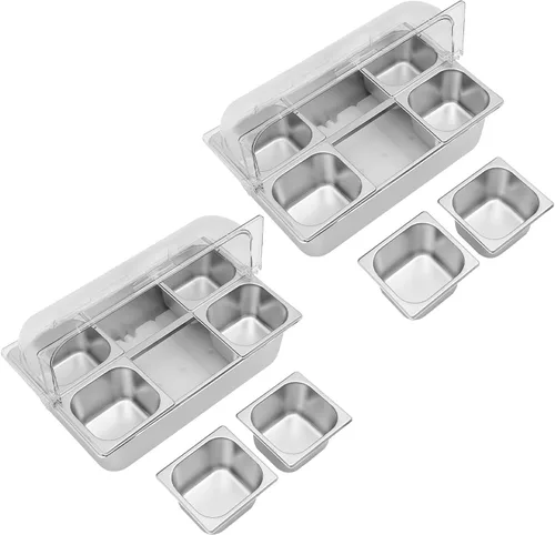 Vista 5 de Recipiente de exhibición de alimentos para encimera, 6 sartenes, bandeja de acero inoxidable para servir alimentos helados con cubierta superior