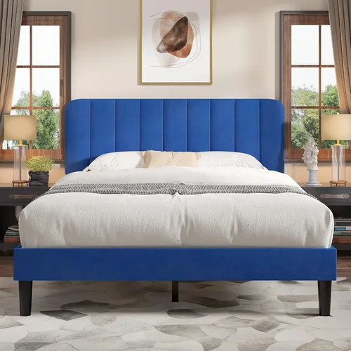 Vista 36 de VECELO Base de cama tapizada de tamaño matrimonial con 4 cajones y cabecero, plataforma de terciopelo, soporte de listones de madera, no necesita