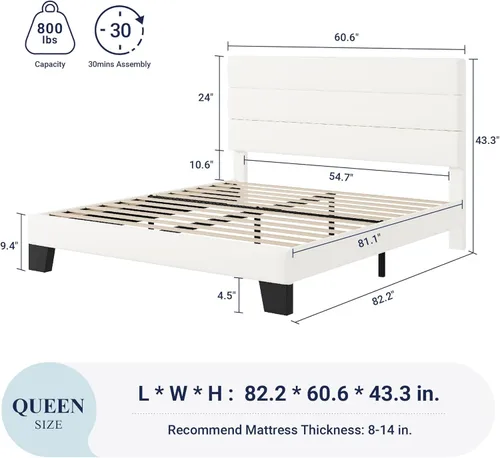 Vista 45 de Allewie - Base de cama tamaño King con cabecera tapizada en tela y soporte de listones de madera; base de colchón completamente tapizada; no Azul