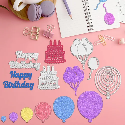 Vista 4 de Die Cuts for Card Making 5 Pieces, Metal Stencils Cutting Dies for Card Making DIY Happy Birthday Balloons Cake, Scrapbooking Embossing Album Card