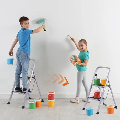 Vista 3 de JungleA Escalera de 2 escalones, taburete plegable pequeño, escalera ligera y resistente para adultos, adecuada para el hogar, cama, cocina