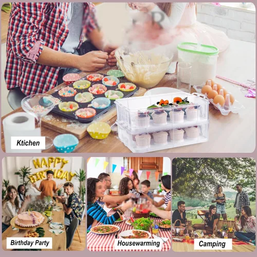 Vista 7 de BTSKY Soporte para cupcakes de plástico transparente de 2 niveles con tapa y asas, portador portátil para 24 cupcakes, contenedor de almacenamiento