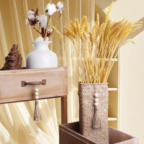 Vista 3 de Paquete de 20 borlas de cuerda de yute con 3 cuentas de madera, borlas de arpillera de cuerda de cáñamo para árbol de Navidad, manualidades, cuentas