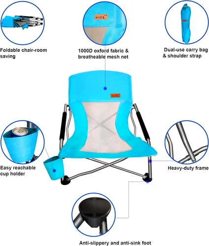 Vista 5 de Nice C Silla plegable baja para playa o campamento, ultraligera, con portavasos y bolsa de transporte compacta y resistente, para exteriores